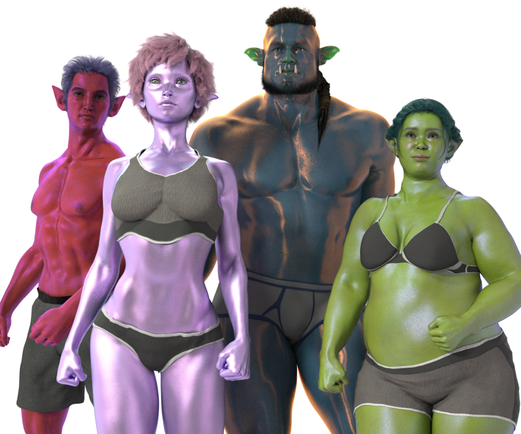 four figures in Daz3d in underwear. They have unnaturally colored skin (pink, lavender, teal, and green) and pointed ears. And they don't have belly buttons