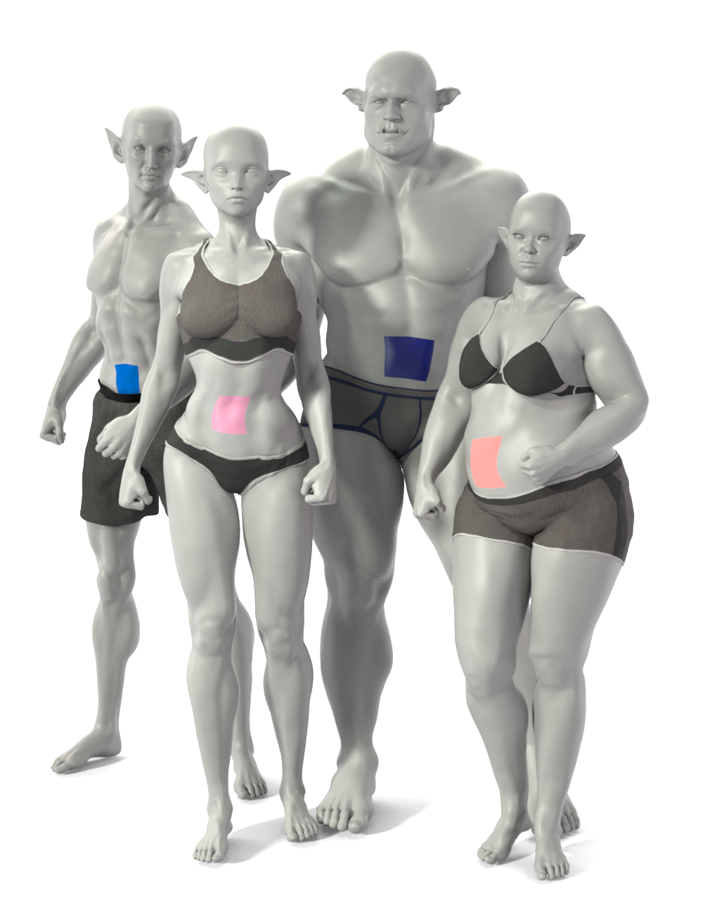 The same figures but with no hair and with all grey textures with a blue or pink patch over their belly button