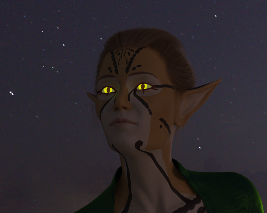 A character with ocelot type markings and yellow glowing eyes, at night