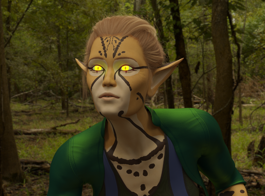 The same character but during the day. You can now see she's wearing a green jacket and bodysuit